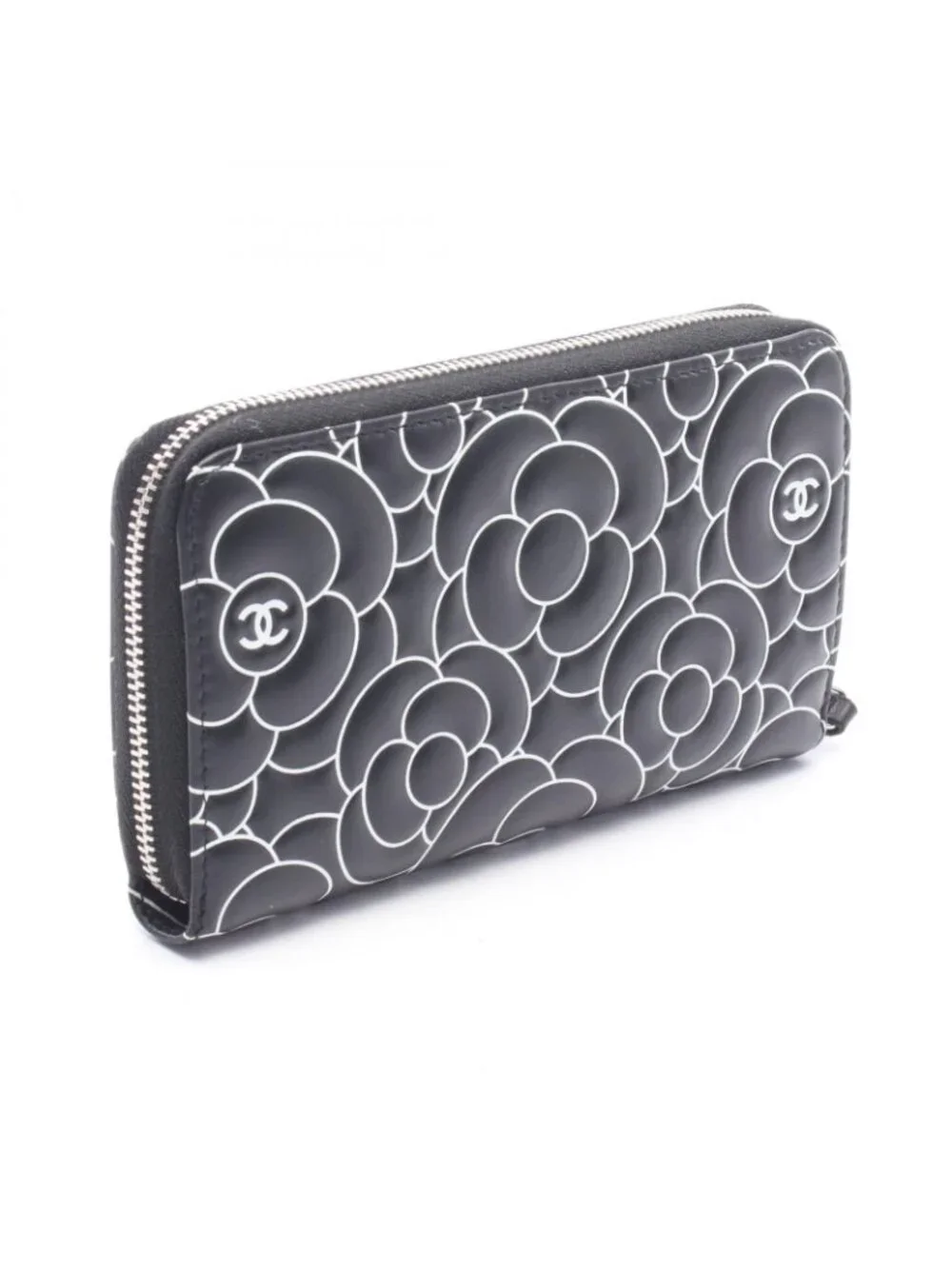 Chanel Round Wallet Camellia Black Leather